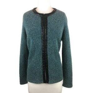 Lafayette 148 Wool Knit Cardigan Leather Trim Med